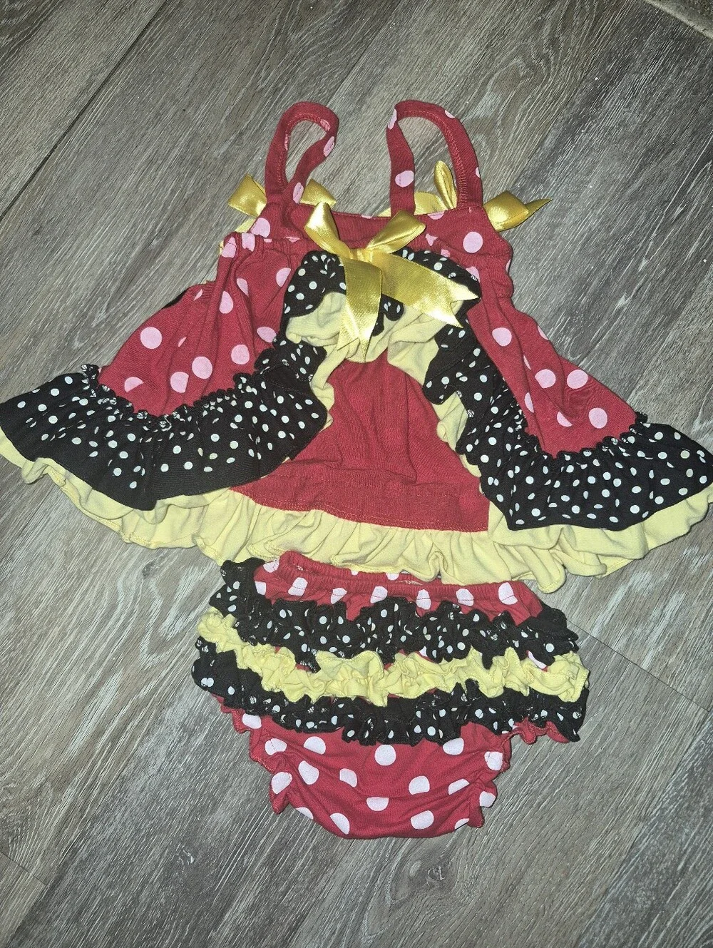 Girls Red Polka Dot Ruffle Dress & Bloomers Set with Yellow Accents